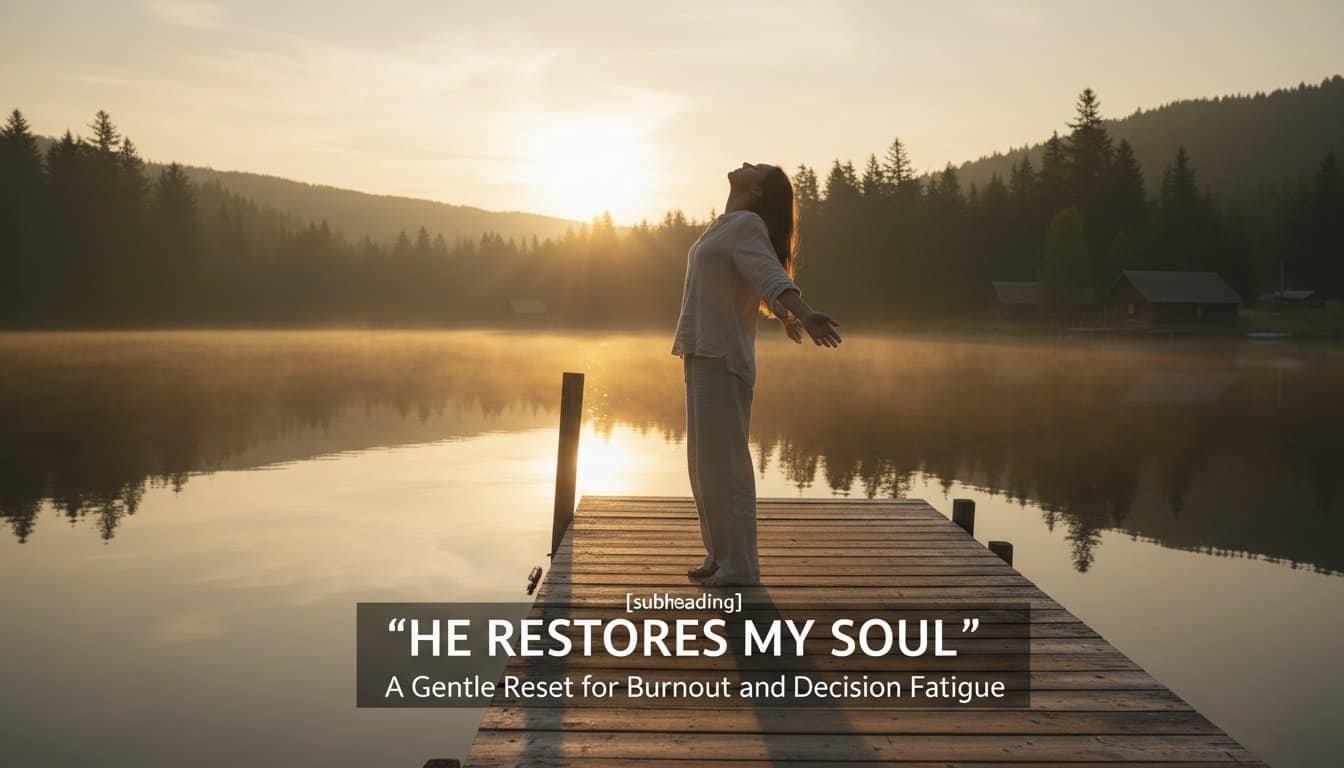 Peaceful woman on dock at sunrise, reflecting spiritual renewal and biblical inspiration from My Bible Song for faith and worship.