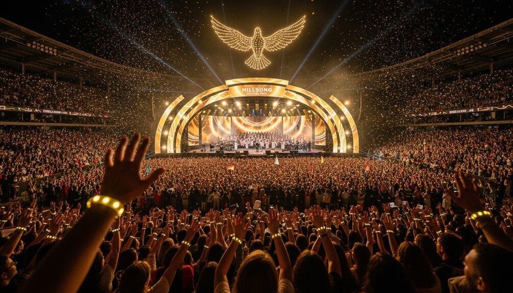 Brightly lit concert with a large audience celebrating faith with vibrant lights and spiritual symbols.