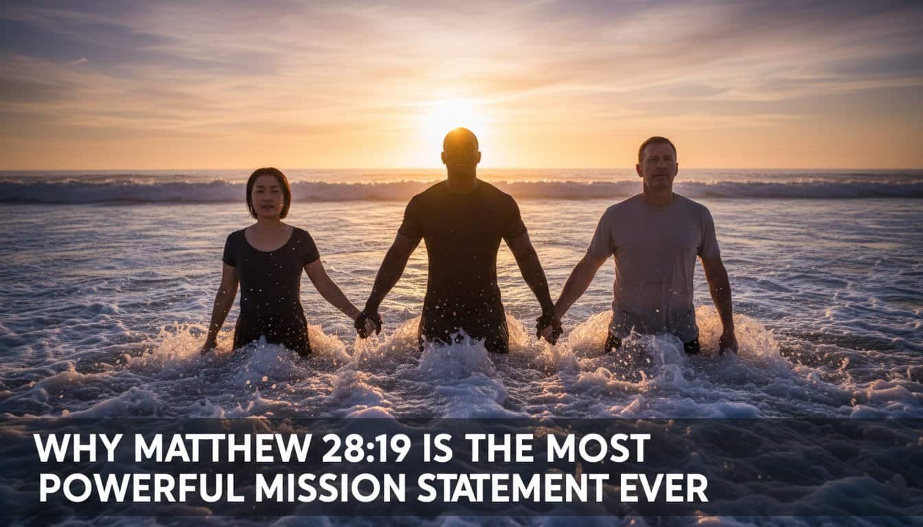 Inspiring Christian worship music from My Bible Song platform, featuring a powerful message based on Matthew 28:19, emphasizing faith, baptism, and spreading God's love.