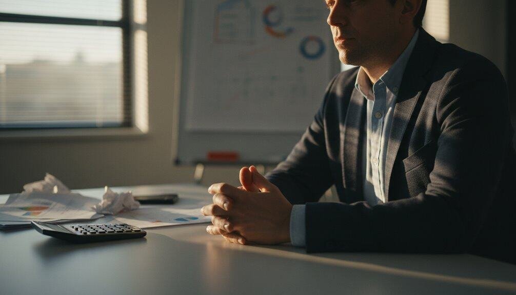 Businessman praying in office, deep in reflection, with papers and calculator on desk, during late work hours.