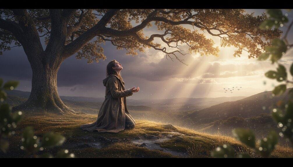 Beautiful woman praying under a large tree with golden light rays, symbolizing faith and hope in God, perfect for Christian prayer, worship, and inspirational Bible song content.