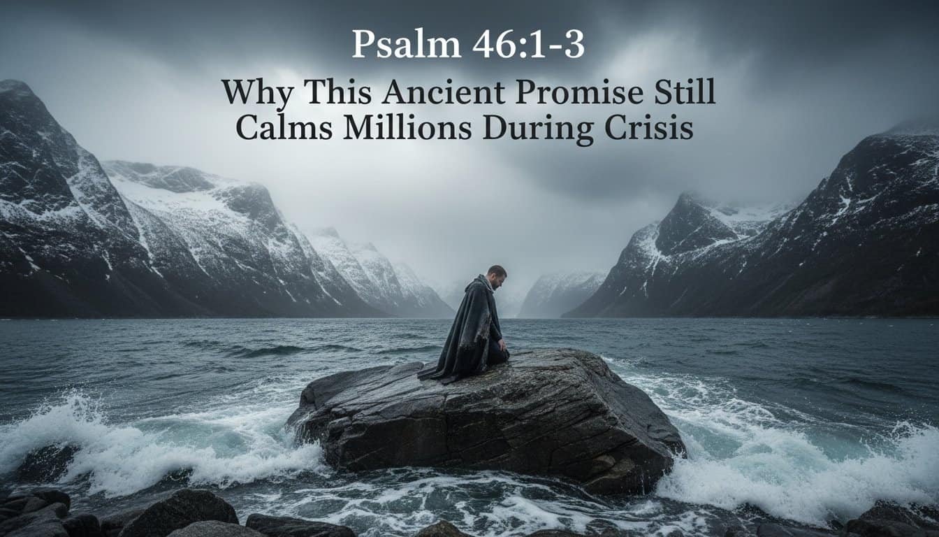 Symbolic image of faith and serenity amid stormy waters and towering mountains, emphasizing God's promise and reassurance during life's difficulties, inspired by Psalm 46:1-3 from My Bible Song.