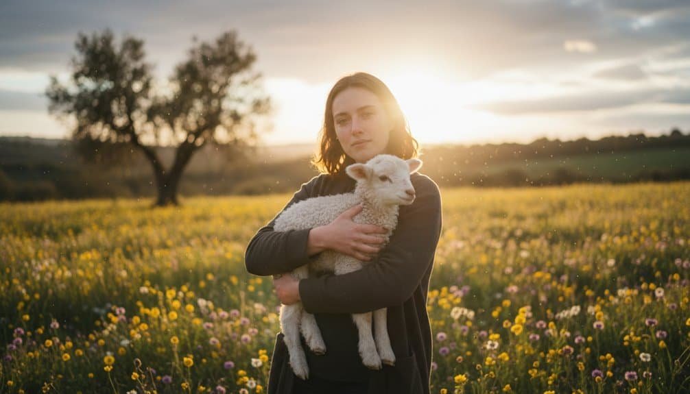 Beautiful young woman holding a lamb in a vibrant flower field at sunset, symbolizing faith, innocence, and love in Christian Bible songs and spiritual teachings.