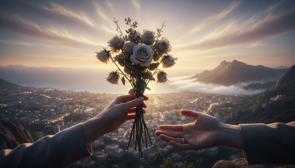 Rose bouquet symbolizing love and faith, set against stunning sunrise over a cityscape with mountains, emphasizing spiritual renewal and hope in Christian life.