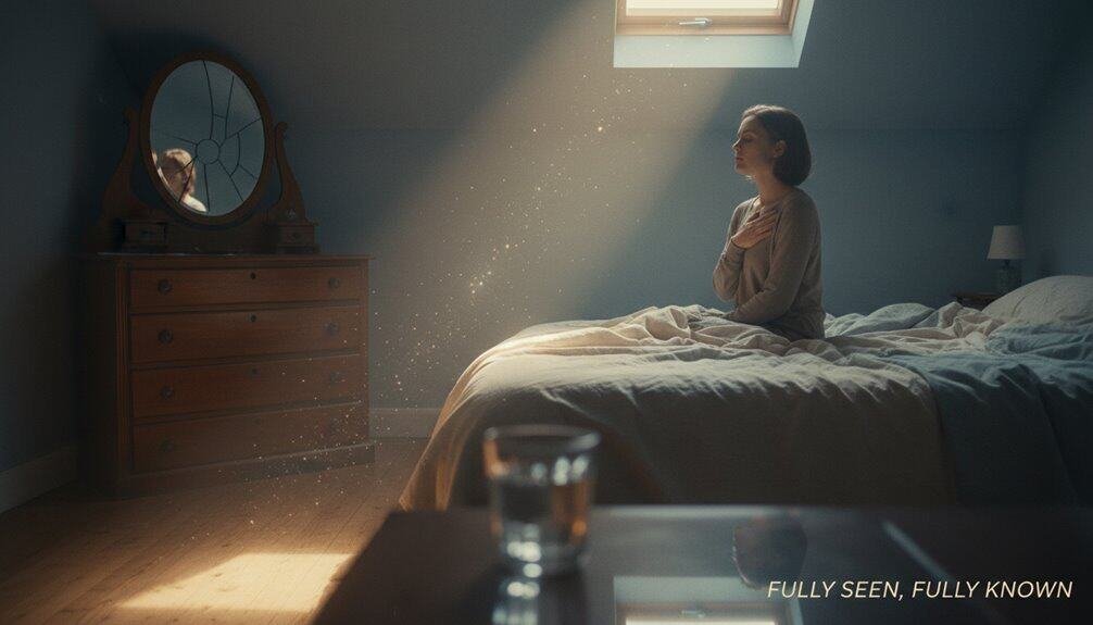 Woman praying in a peaceful bedroom with sunlight streaming through a skylight, symbolizing faith, spiritual connection, and inner peace.