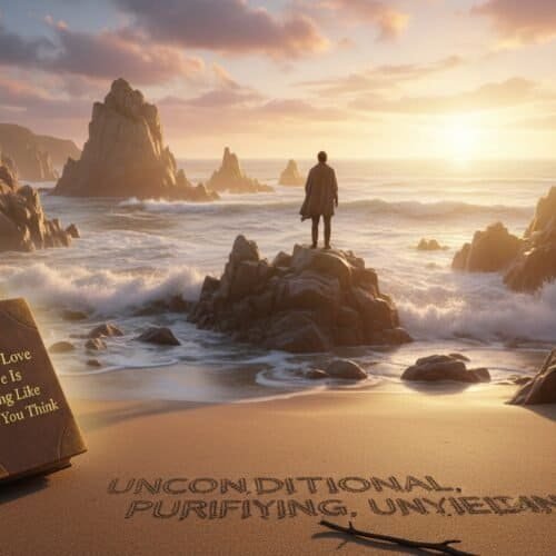 A peaceful beach scene at sunrise with a person looking out over the ocean, rocks, and waves, illustrating spiritual reflection and connection with God through biblical songs.