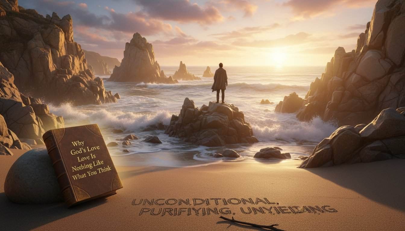 A peaceful beach scene at sunrise with a person looking out over the ocean, rocks, and waves, illustrating spiritual reflection and connection with God through biblical songs.