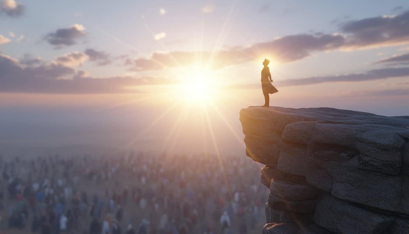 Inspiring mountain worship scene with a person standing on a rocky cliff during sunrise, symbolizing faith, hope, and spiritual connection, ideal for Bible song and Christian devotion content.