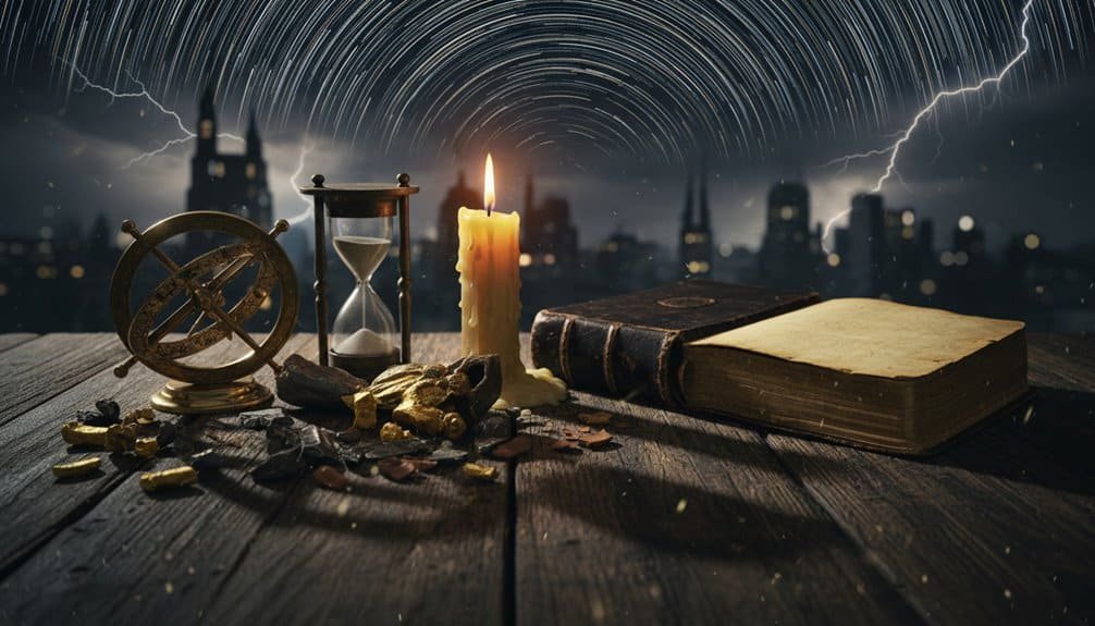 A symbolic image with a Bible, candle, hourglass, globe, and gold nuggets set against a city skyline and lightning, representing faith, spirituality, and divine inspiration.