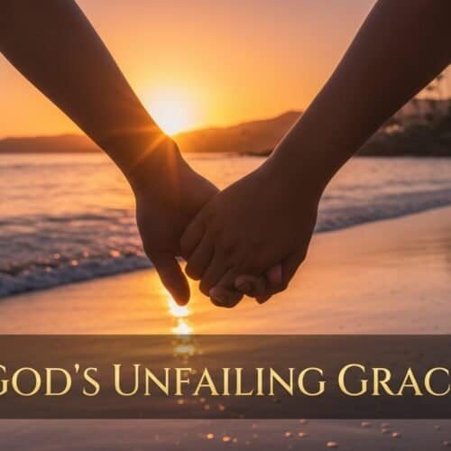 Alt text: Two hands intertwined at sunset on the beach with palm trees in the background, symbolizing faith and grace in Christianity.