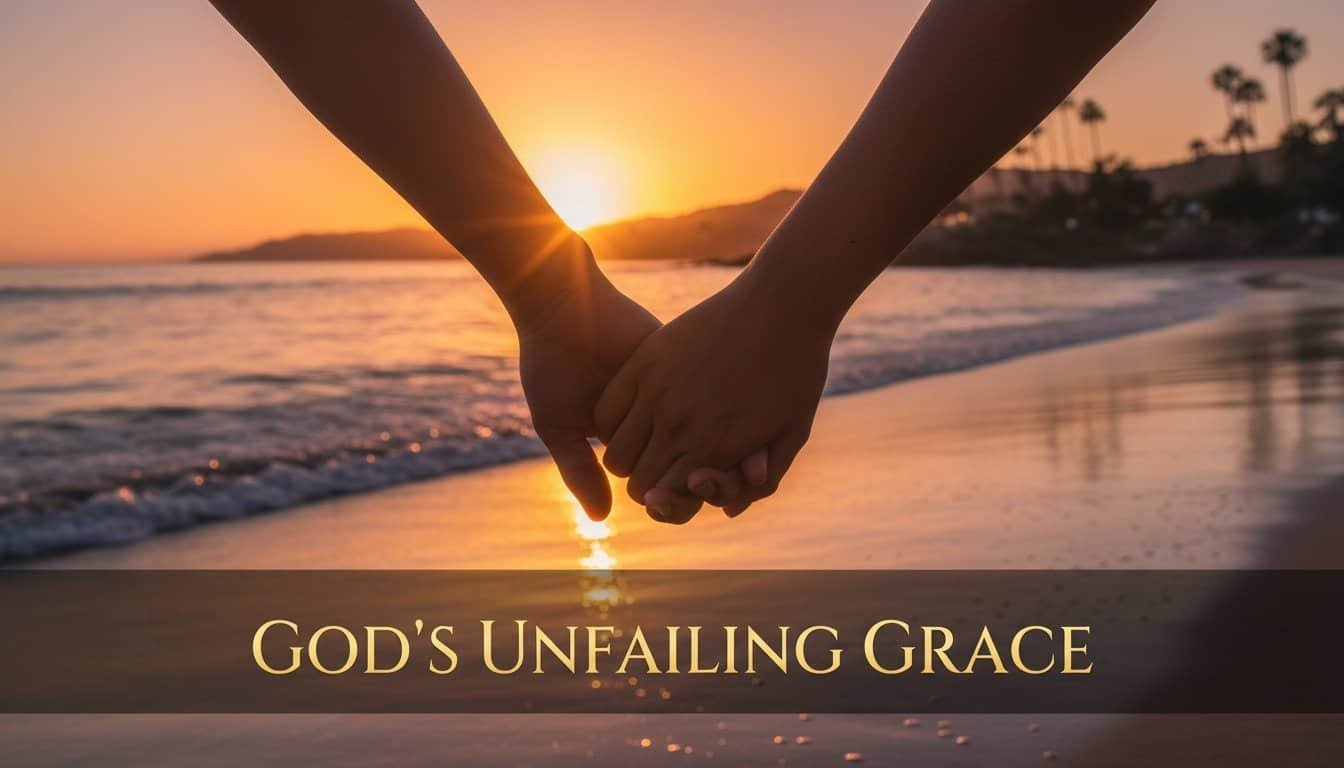 Alt text: Two hands intertwined at sunset on the beach with palm trees in the background, symbolizing faith and grace in Christianity.