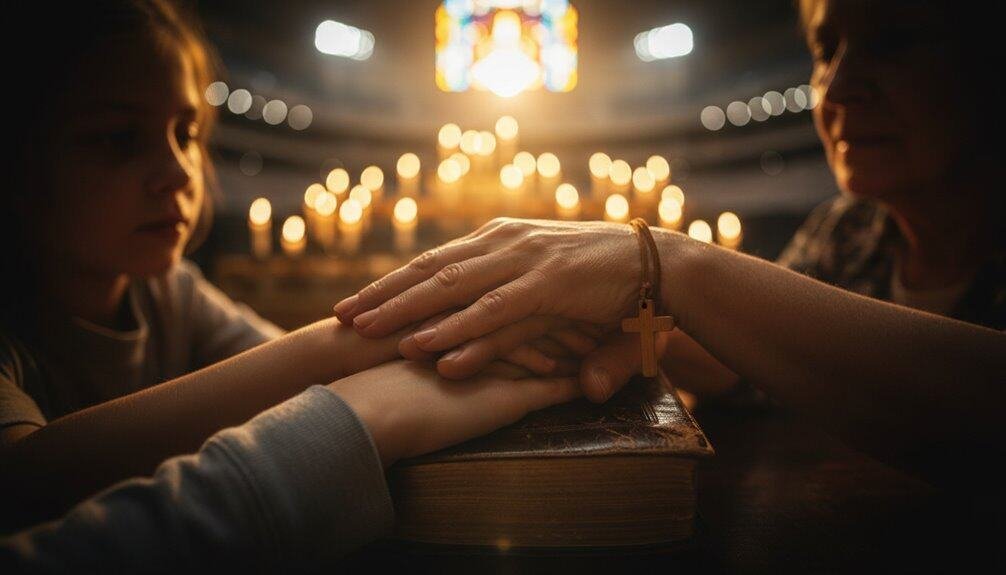 Evangelical prayer and worship in church with kids and adult praying, faith, biblical blessing, religious service, sacred moment, Christian spirituality, and heartfelt devotion.