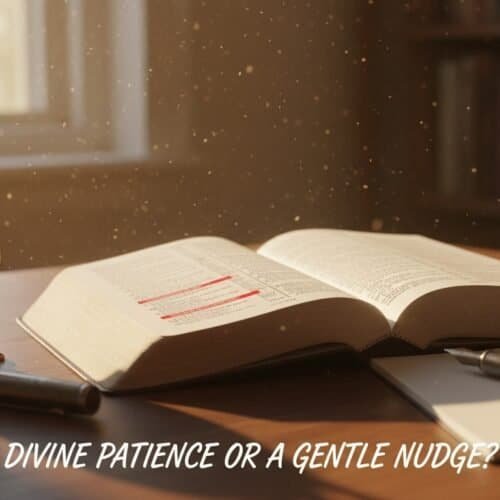 Bible, clock, and writing materials on a wooden desk in warm sunlight, emphasizing meditation, prayer, and spiritual reflection for Christian worship and biblical studies.