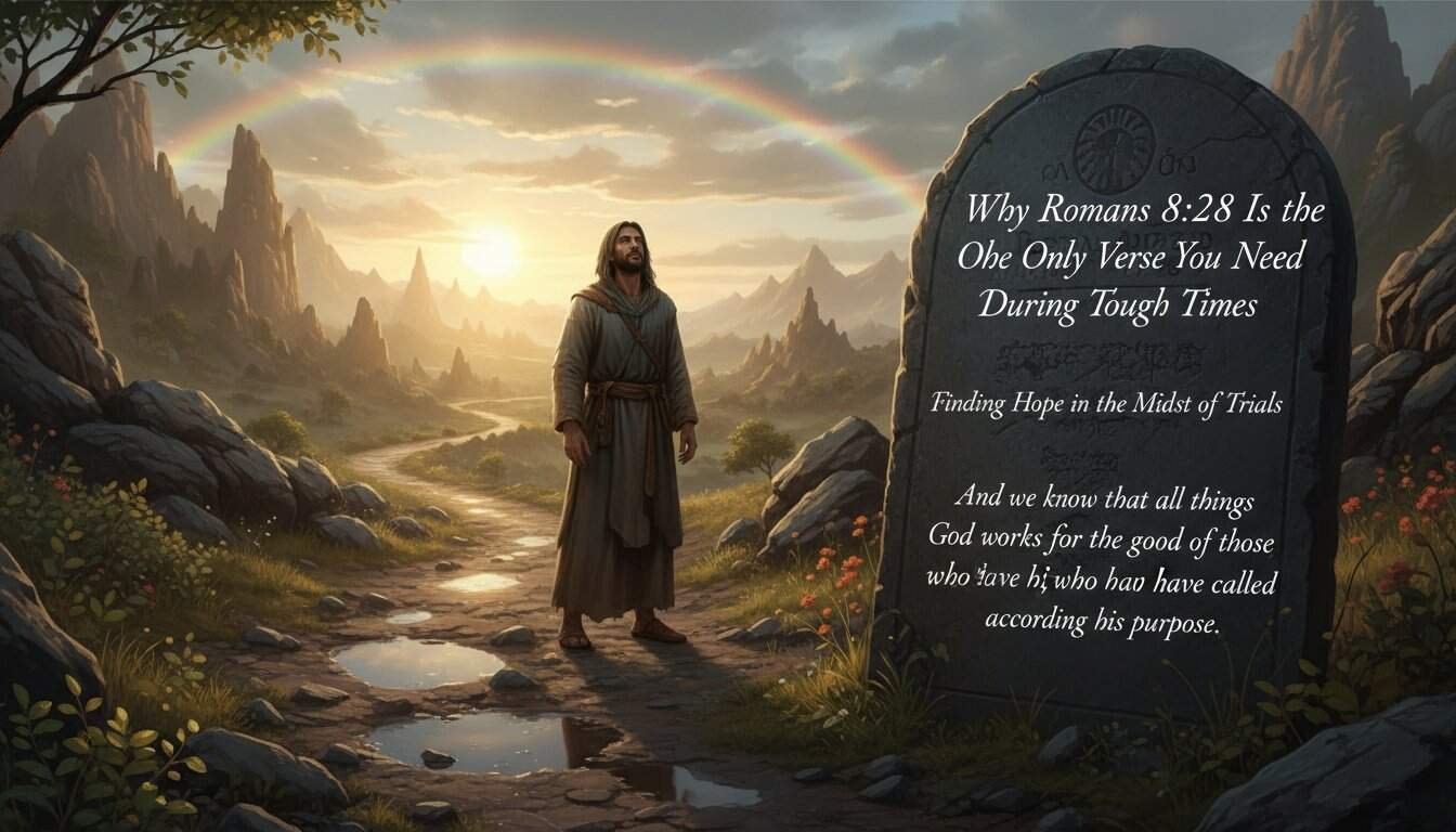 A serene landscape with Jesus standing near a stone with scripture, a rainbow and sunrise symbolize faith and hope in challenging times, emphasizing biblical encouragement.