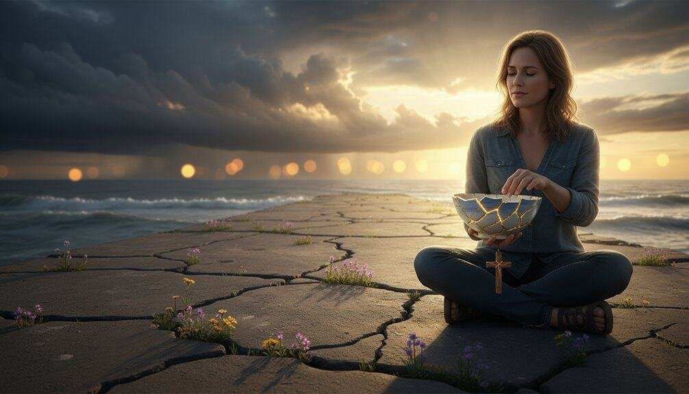 Peaceful woman praying with Bible on beach at sunset, serene spiritual moment.