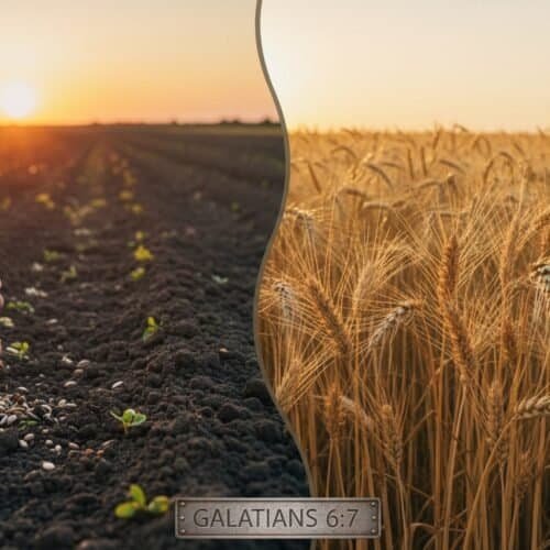 Alt text: Hand planting seeds in soil and harvesting wheat in a golden field at sunset, symbolizing growth and faith in God’s word based on Galatians 6:7.