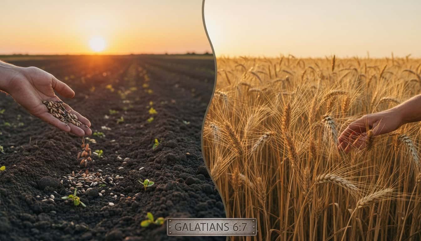Alt text: Hand planting seeds in soil and harvesting wheat in a golden field at sunset, symbolizing growth and faith in God’s word based on Galatians 6:7.