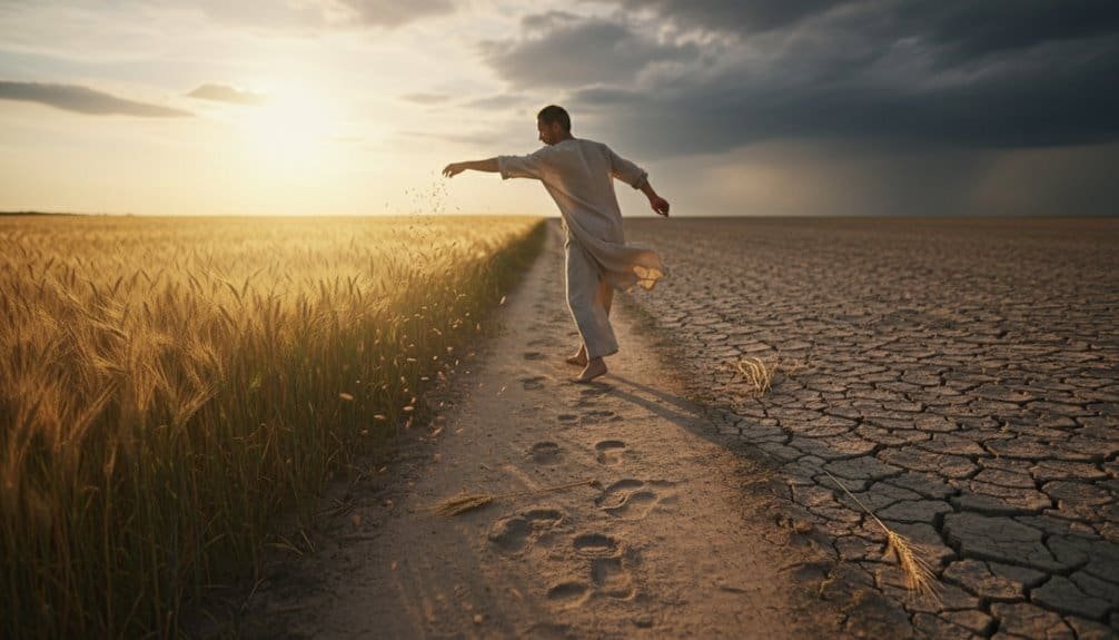 A man walking confidently along a contrasting path of lush wheatfield and cracked dryness, symbolizing spiritual journey and faith renewal through biblical songs.