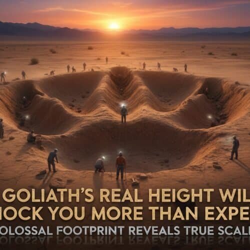 Discover the biblical story of Goliath's true height and the shocking scale of his footprints; a powerful image illustrating faith and divine strength against insurmountable odds.