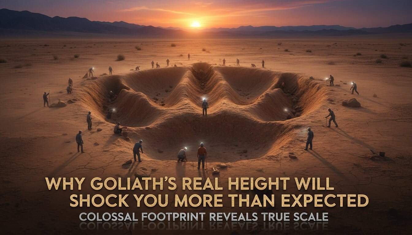 Discover the biblical story of Goliath's true height and the shocking scale of his footprints; a powerful image illustrating faith and divine strength against insurmountable odds.