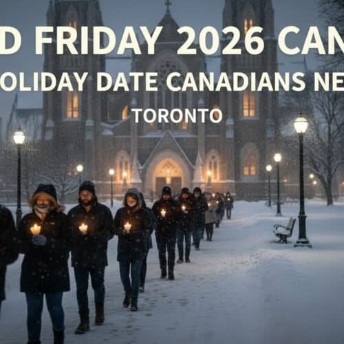 People lighting candles during Good Friday procession in Toronto, Canada, on snowy evening, emphasizing faith and community for Easter and holiday celebrations.