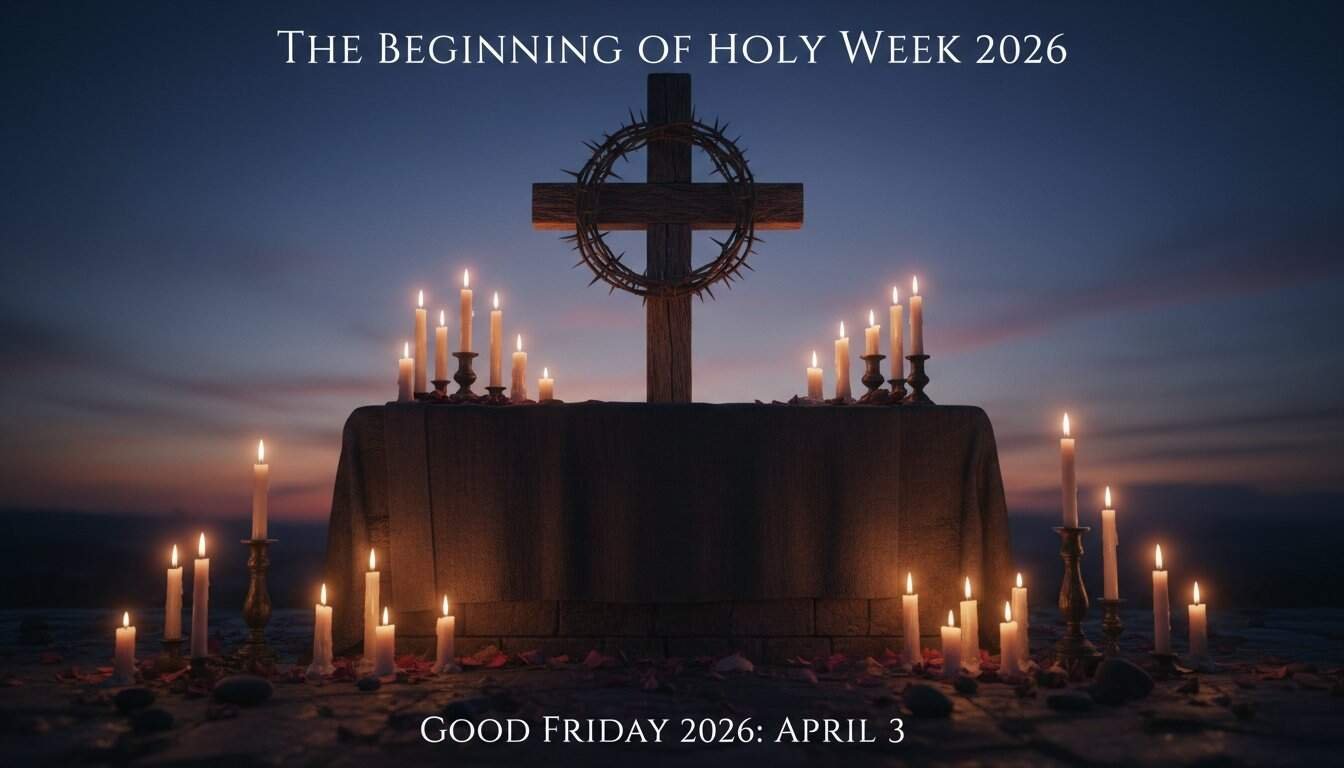 ALT text: Image of a wooden cross with lit candles and a crown of thorns, symbolizing Holy Week and Good Friday observance on April 3, 2026.