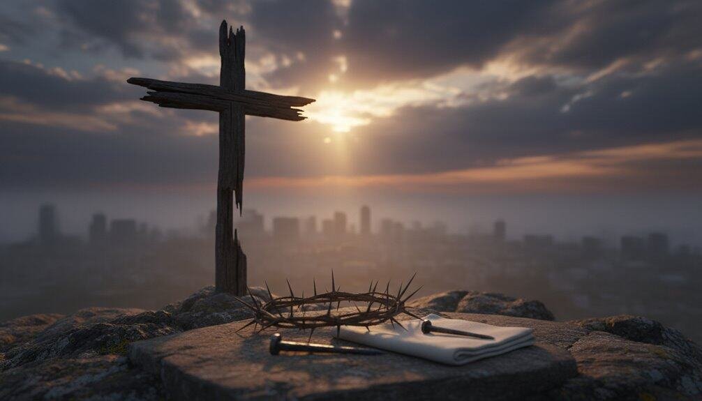 A rustic wooden cross with a crown of thorns on a stone ledge overlooking a city skyline at sunrise, symbolizing faith and hope through Jesus Christ.
