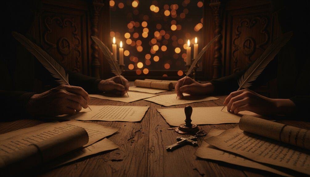 Elegant scene of people writing with feathers, candles, and ancient scrolls in a dimly lit, historical setting for Bible study and spiritual reflection.