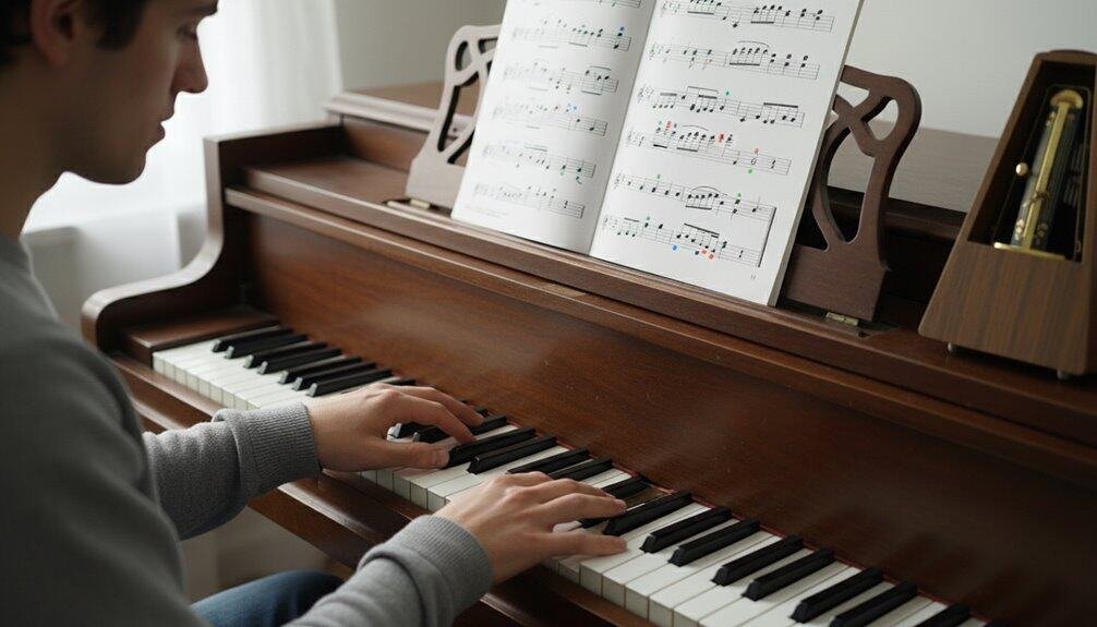 Young person playing piano with sheet music of Bible songs on a wooden piano. Focus on music practice, worship music, and learning scripture through song. Perfect for Christian music or faith-based musical education.