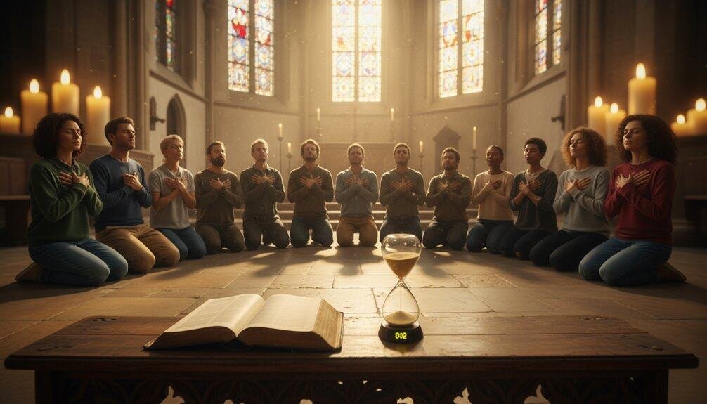 ALT Text: Group of diverse people kneeling in prayer inside a church, illuminated by candles and stained glass windows, with an open Bible and an hourglass on the altar.