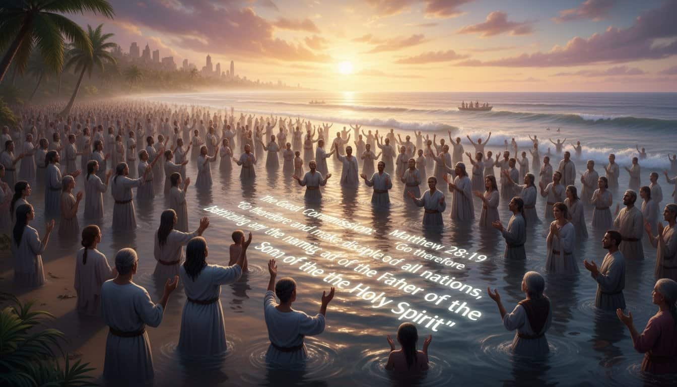 Image of diverse people worshiping in water at sunset, symbolizing spiritual unity and faith, inspired by biblical scripture Matthew 28:19. A powerful scene depicting devotion, prayer, and the Holy Spirit.