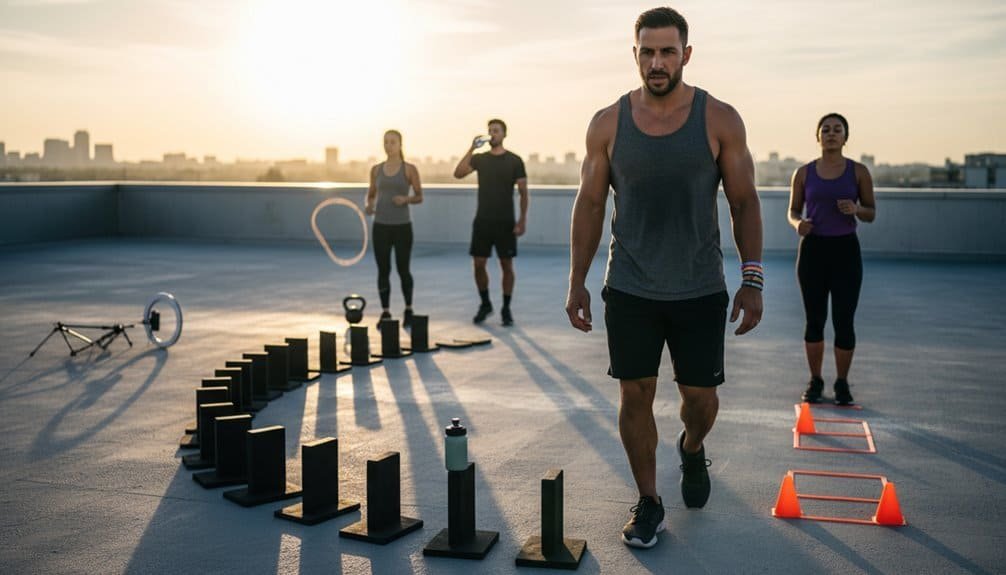 Young man working out on rooftop gym with agility ladders and weights at sunset.