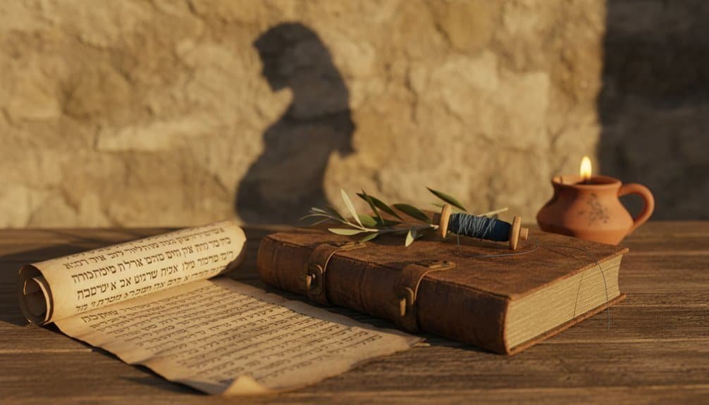 Ancient Hebrew Bible scroll, vintage leather-bound Scripture book, and candle with shadow of David star for Christian faith, religious education, and biblical study.