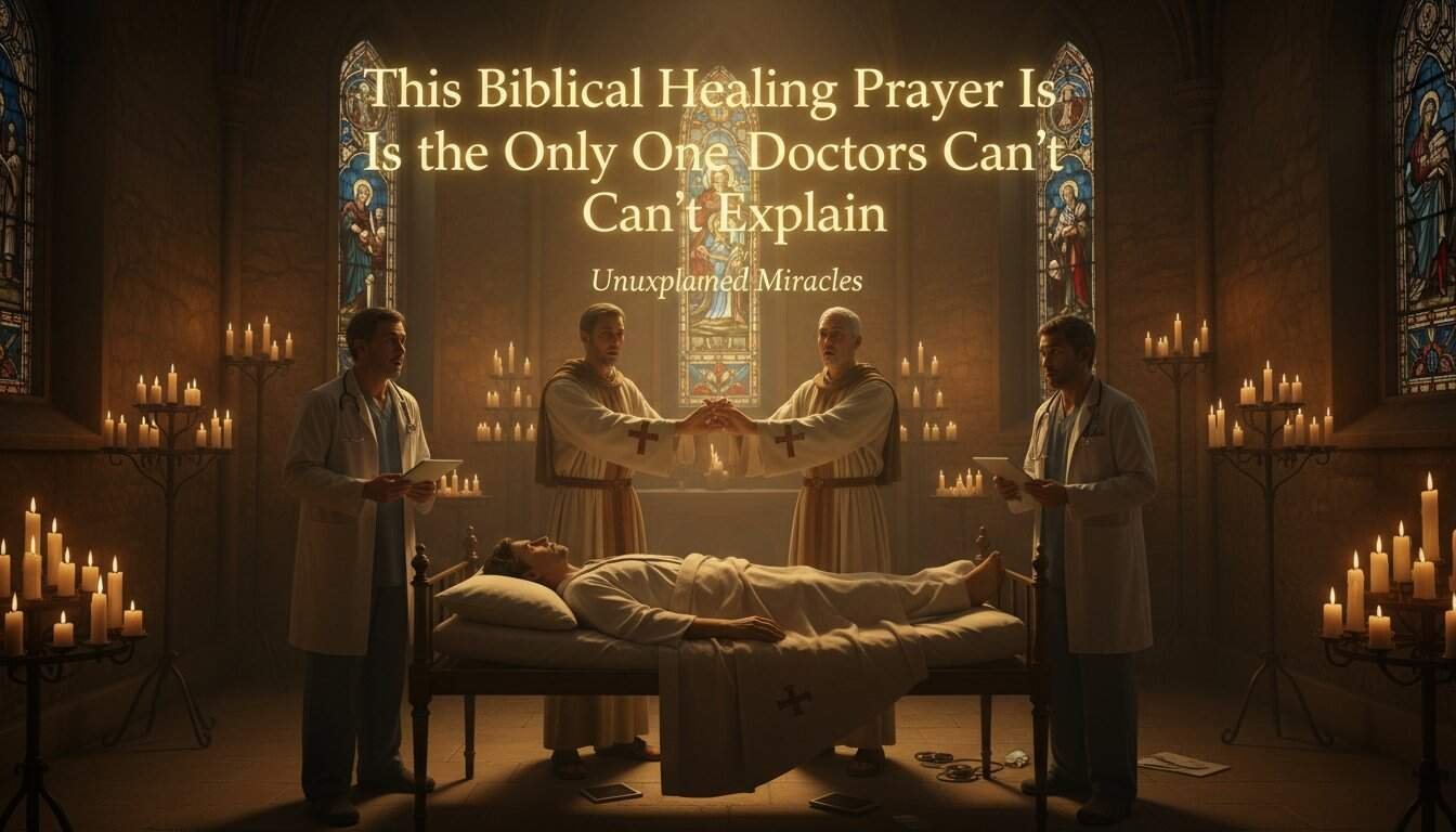 Alt text: Religious healing prayer scene with doctors and clergy around a patient in a church with stained glass windows and lit candles, emphasizing biblical healing and faith.