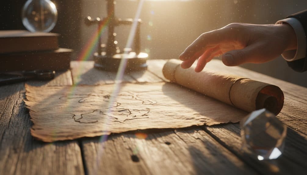 Historical scroll with ancient map on rustic wood, sunlight, and mystical glow, emphasizing Christian faith, worship, and sacred music.