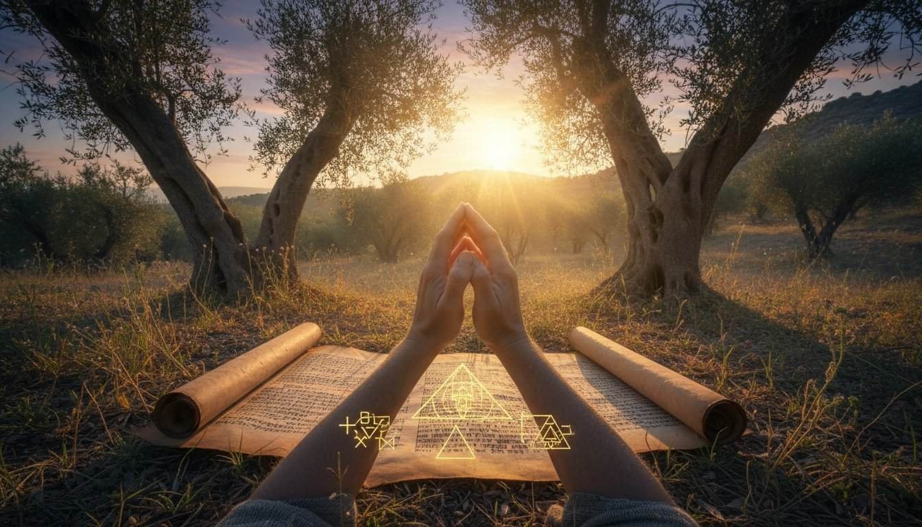 Praying with open Bible during sunrise in nature, symbolizing faith, worship, and spiritual connection with God. Perfect for Christian worship, Bible study, and prayer encouragement.