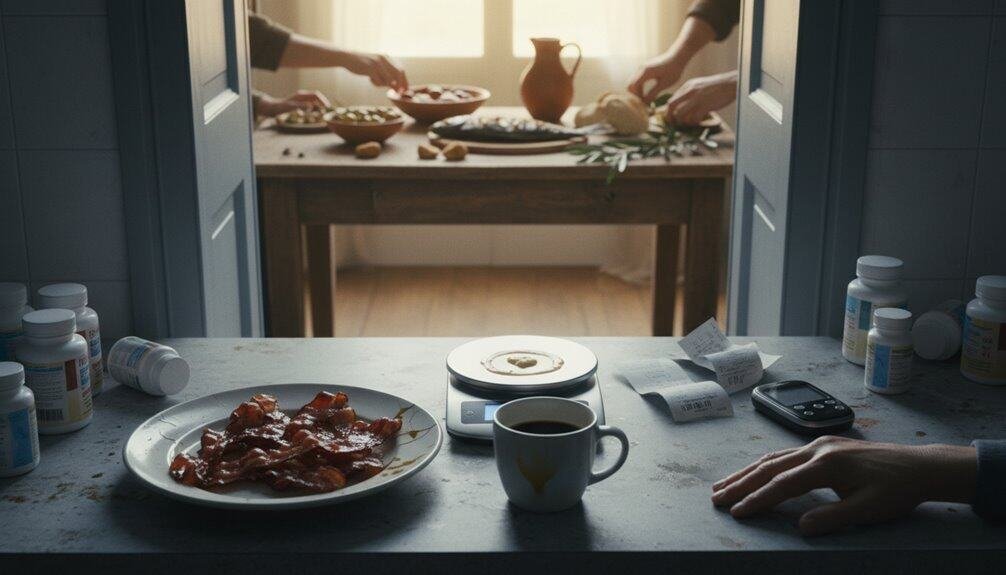 A cozy kitchen scene with pills, coffee, and breakfast, viewed from inside the house. The background shows people preparing food, emphasizing faith and nourishment.