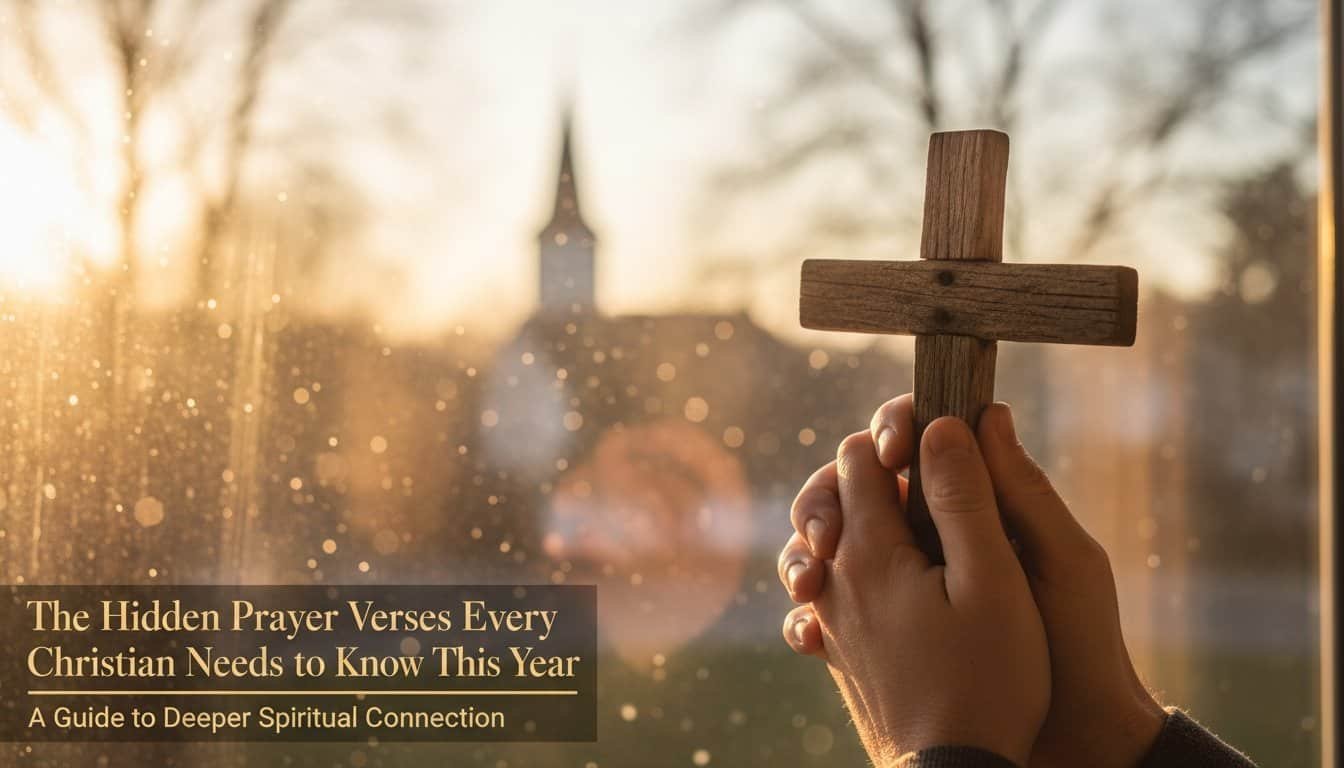 Hand holding small wooden cross in front of church window at sunset.
