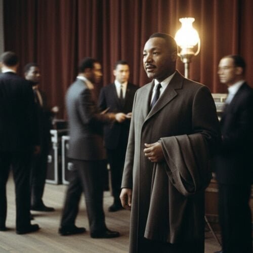 Man in suit at church event with people in background, faith and community.