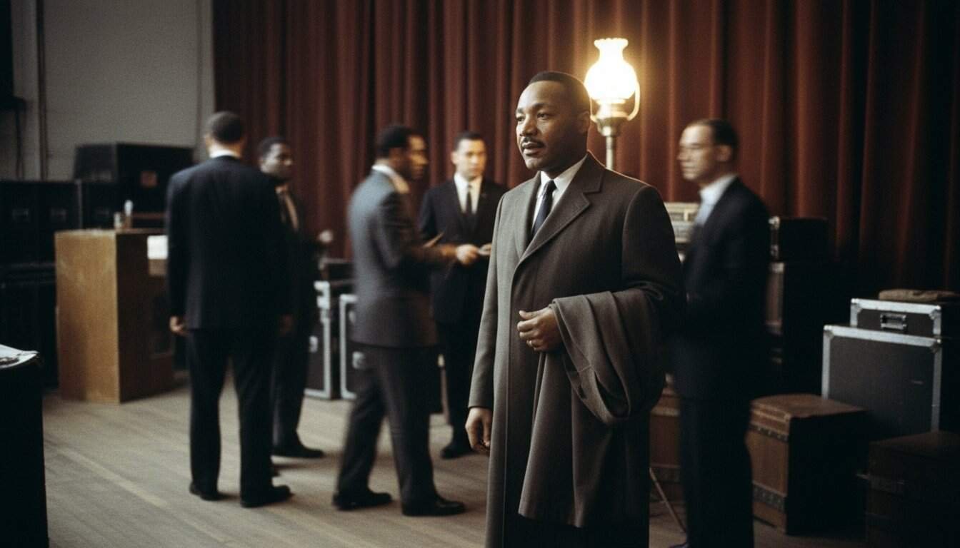 Man in suit at church event with people in background, faith and community.