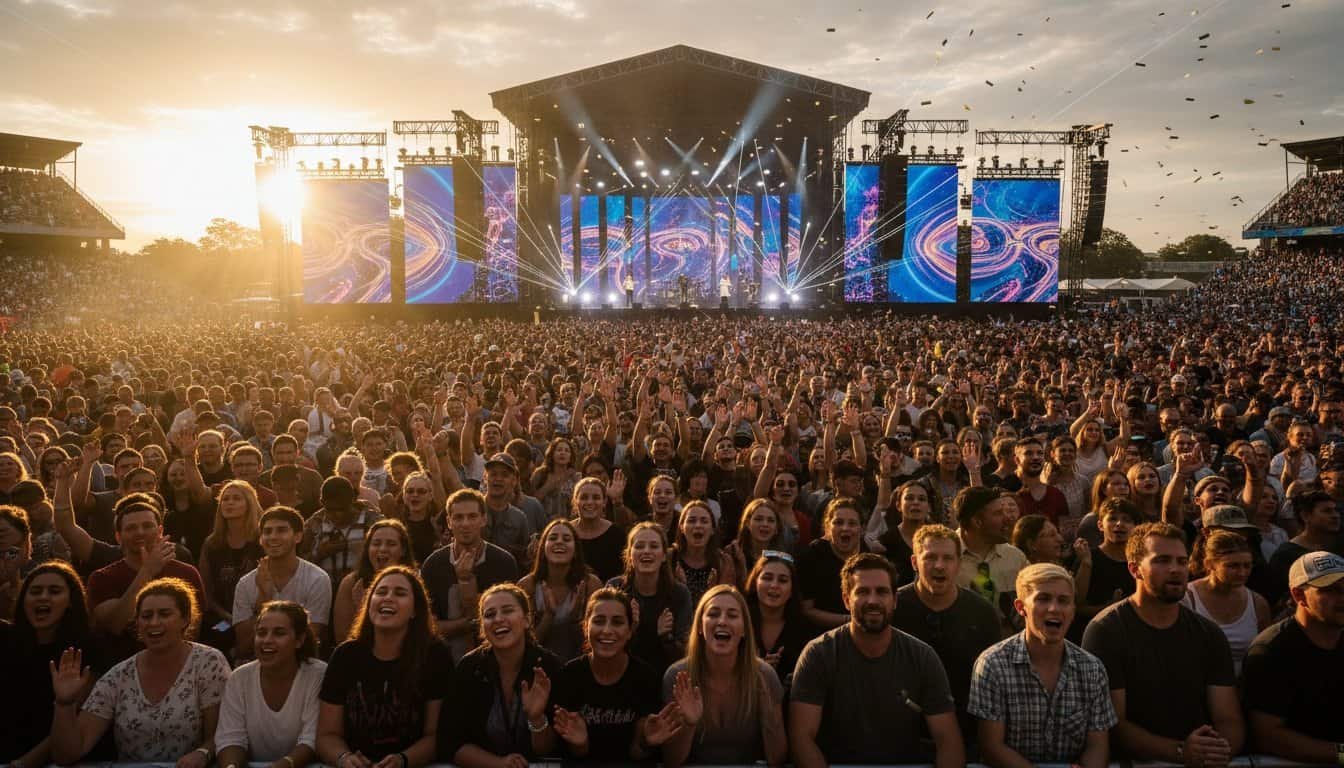 Large audience at a Christian music festival cheering and celebrating during an outdoor worship event.