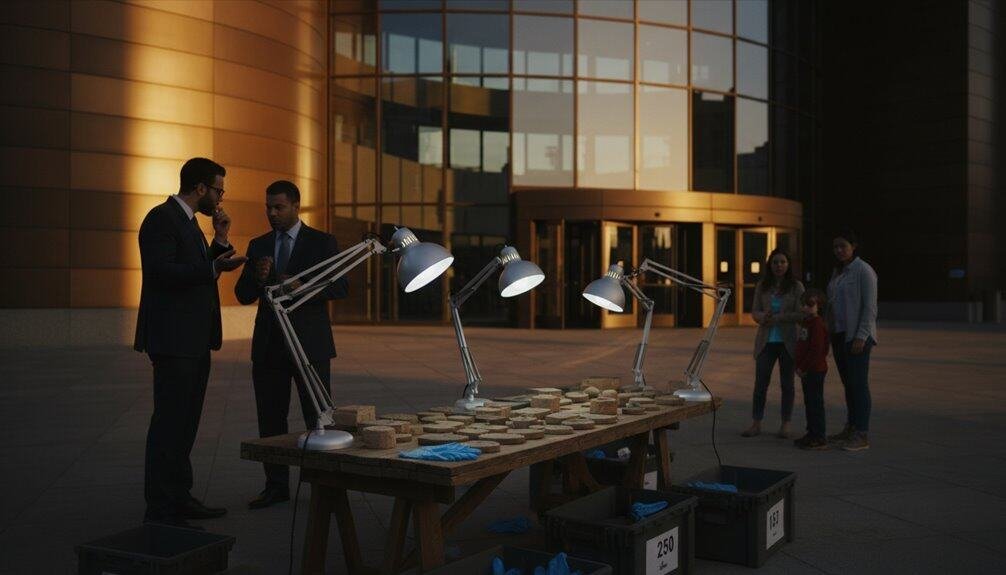 Outdoor Christian music event with a table setup, lamps, and people discussing, promoting biblical songs and spiritual connection.