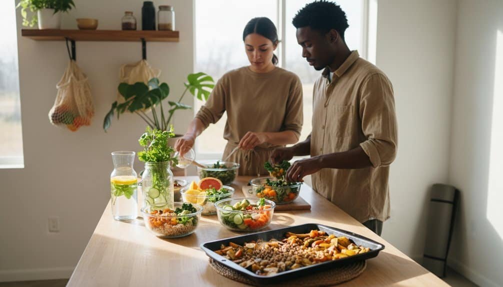 A diverse family preparing a healthy meal together in a bright, modern kitchen, emphasizing faith, family, and wholesome living. Focused on family bonding through shared faith-based activities and nutritious eating.