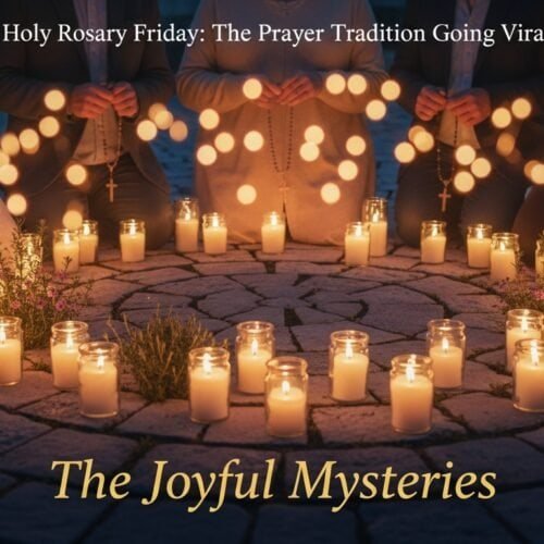 People praying the rosary in candlelight, spiritual prayer, Bible verse reflection, Catholic faith, prayer tradition, night prayer, faith worship, religious devotion, Catholic prayer practice, spiritual gathering.