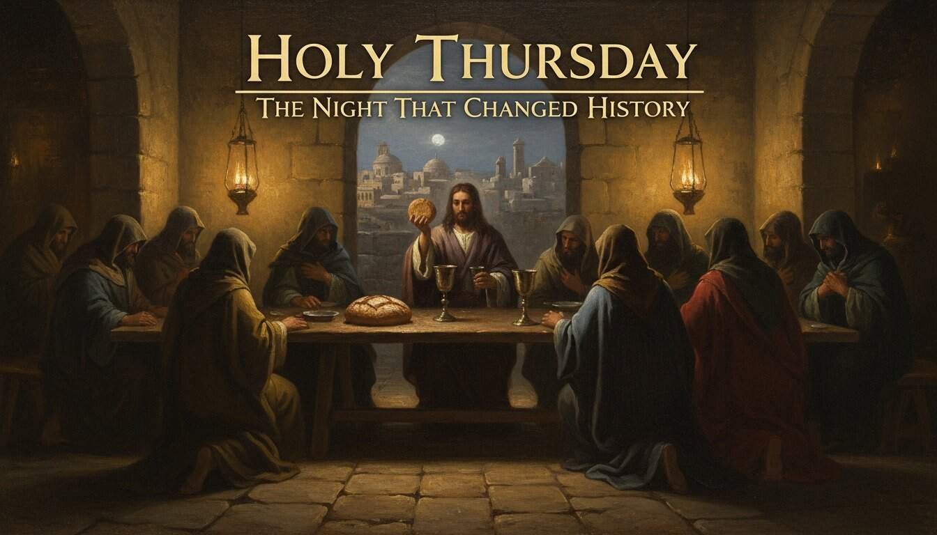 Digital painting of the Last Supper with Jesus and his disciples around a table in a dimly lit room, capturing a moment of reflection and fellowship on Holy Thursday.