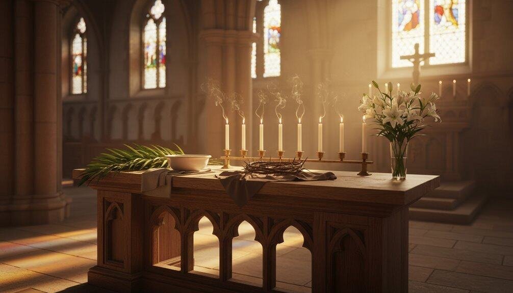 ALT text: Church altar with lit candles, white lilies, and stained glass windows in the background, symbolizing prayer and worship.