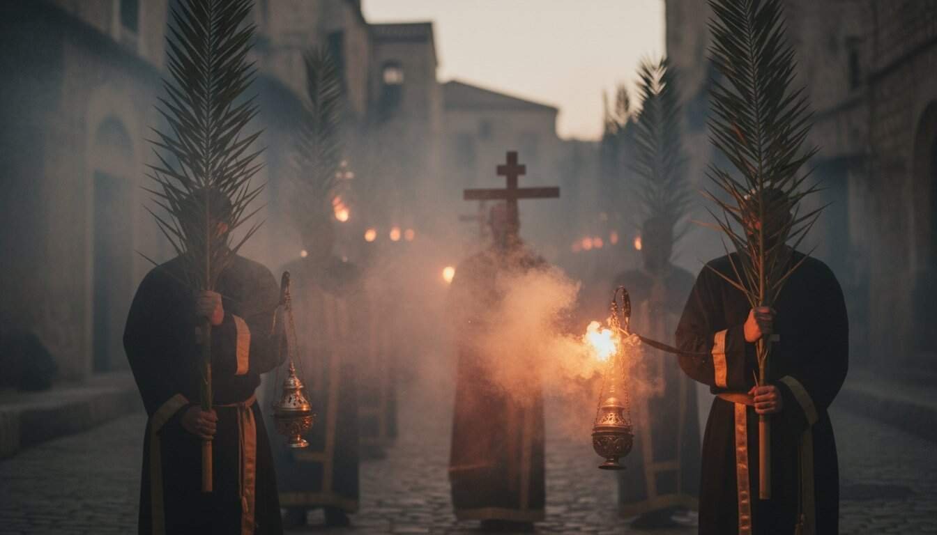 Religious procession with people holding palm branches and incense, capturing a biblical and spiritual atmosphere during a Christian celebration or festival.