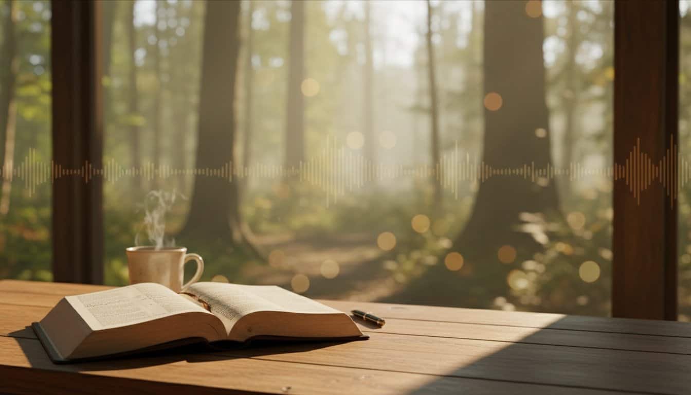 Bright open Bible on wooden table with coffee mug, journal, and pen in a serene forest setting, perfect for prayer, reflection, and spiritual growth.