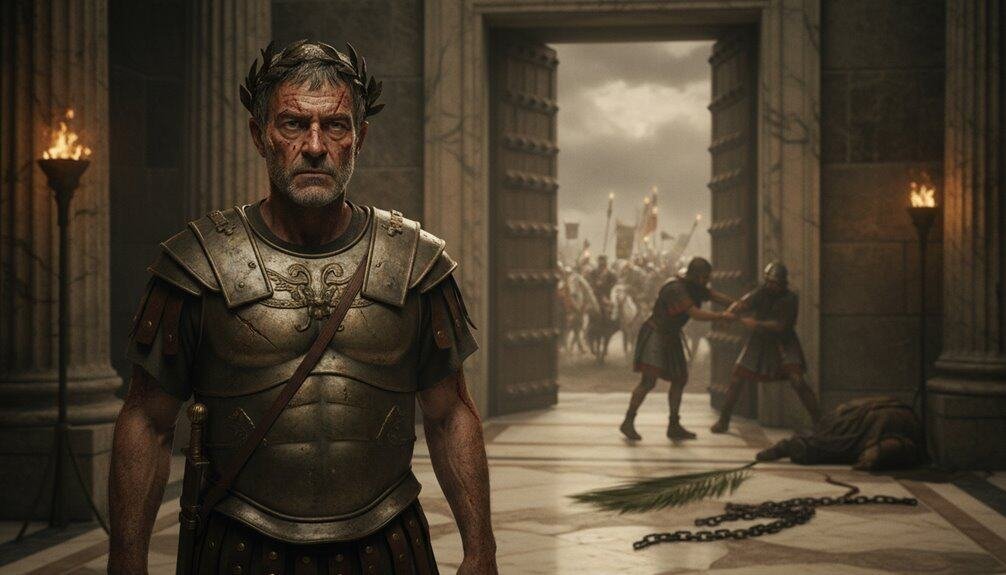 ALT text: A solemn Roman soldier in armor stands inside a grand ancient Roman hall, with chaos and soldiers fighting outside the large open gate, symbolizing courage and strength.
