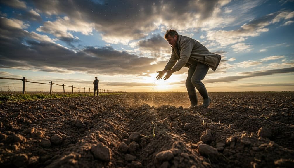 Soil preparation for planting at sunset with two farmers working, symbolizing growth, faith, and new beginnings in Christian life. rural farming, sunset scene emphasizing hope and spiritual nourishment.